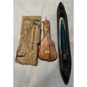Antique Wooden Rug Needle Tool & Vintage Loom Boat Shuttle With Blue Thread